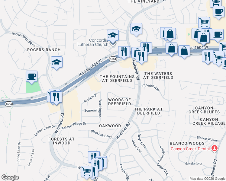 map of restaurants, bars, coffee shops, grocery stores, and more near 2251 Fawn Mist Lane in San Antonio