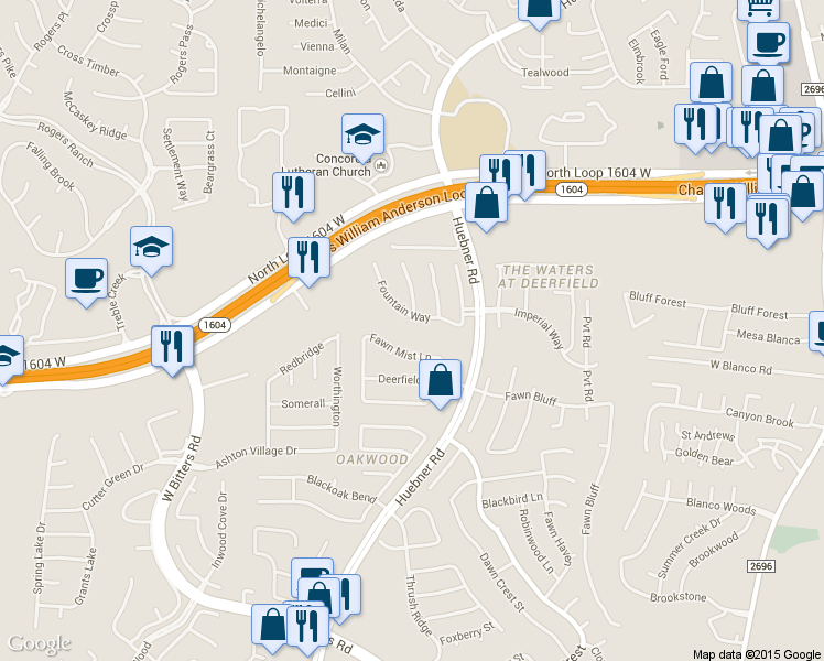 map of restaurants, bars, coffee shops, grocery stores, and more near 2218 Fountain Way in San Antonio