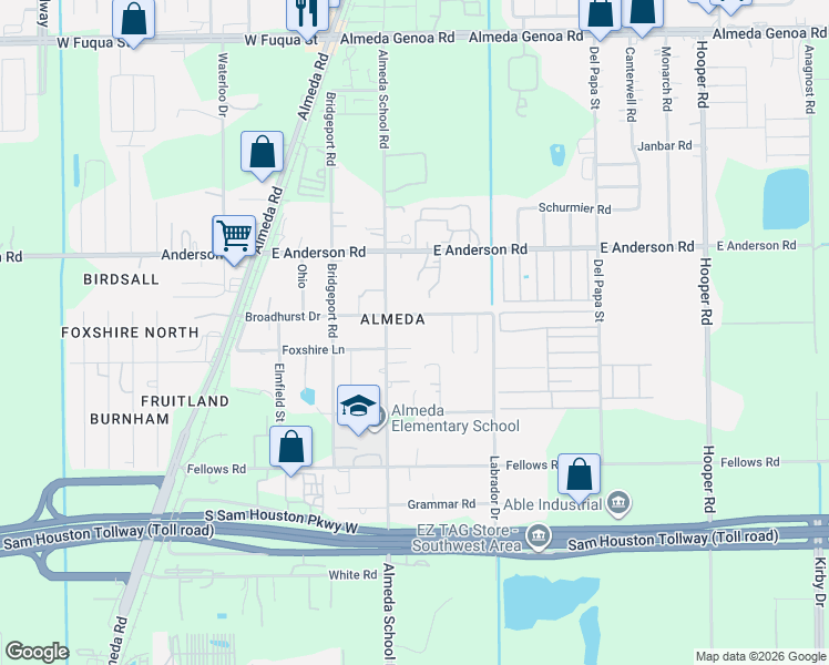 map of restaurants, bars, coffee shops, grocery stores, and more near 223 Broadhurst Drive in Houston