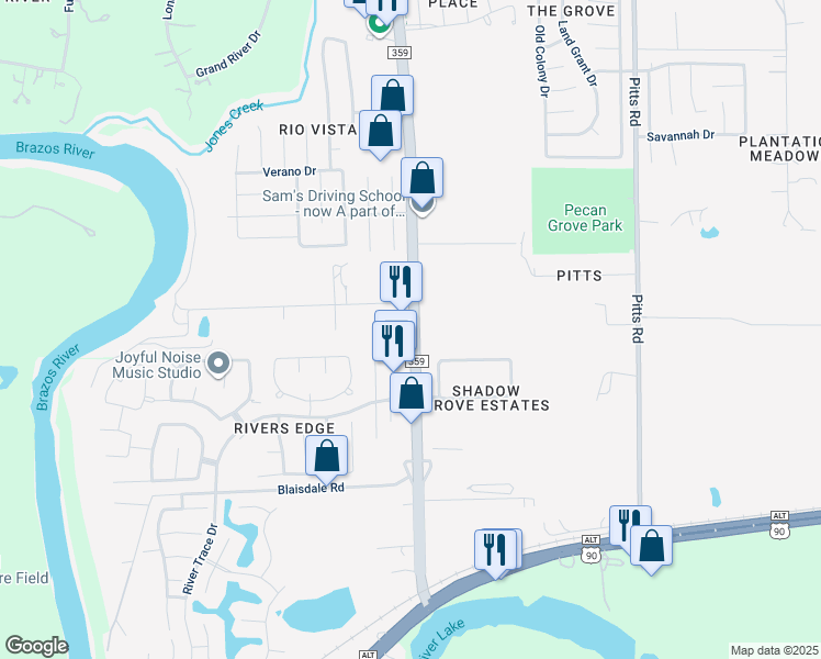 map of restaurants, bars, coffee shops, grocery stores, and more near 515 Farm to Market 359 in Richmond