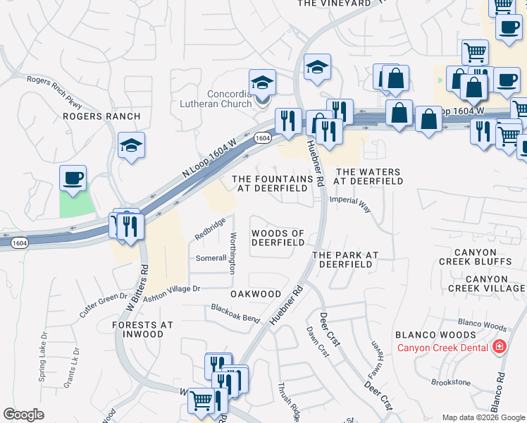 map of restaurants, bars, coffee shops, grocery stores, and more near 2251 Fawn Mist Lane in San Antonio
