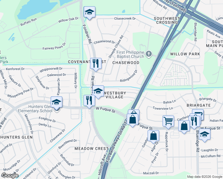 map of restaurants, bars, coffee shops, grocery stores, and more near 7706 Sign Street in Missouri City