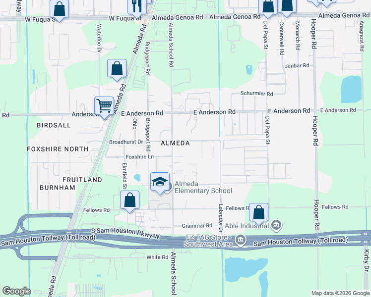 map of restaurants, bars, coffee shops, grocery stores, and more near 223 Broadhurst Drive in Houston