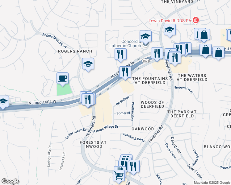 map of restaurants, bars, coffee shops, grocery stores, and more near 2338 North Loop 1604 West in San Antonio