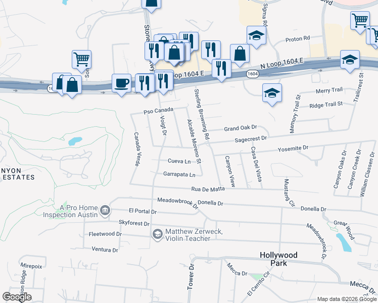 map of restaurants, bars, coffee shops, grocery stores, and more near 504 Sagecrest Drive in San Antonio