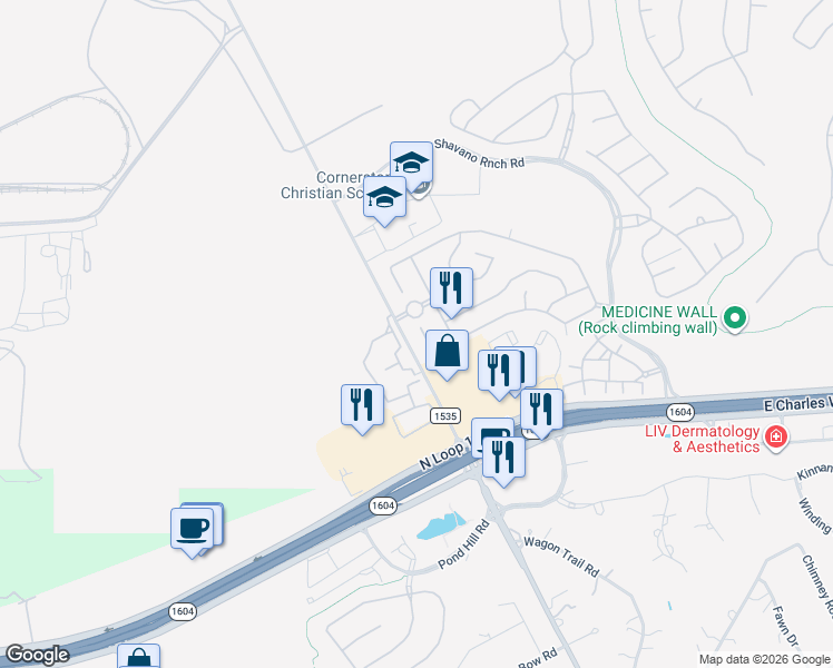 map of restaurants, bars, coffee shops, grocery stores, and more near 17743 Via Del Oro in San Antonio