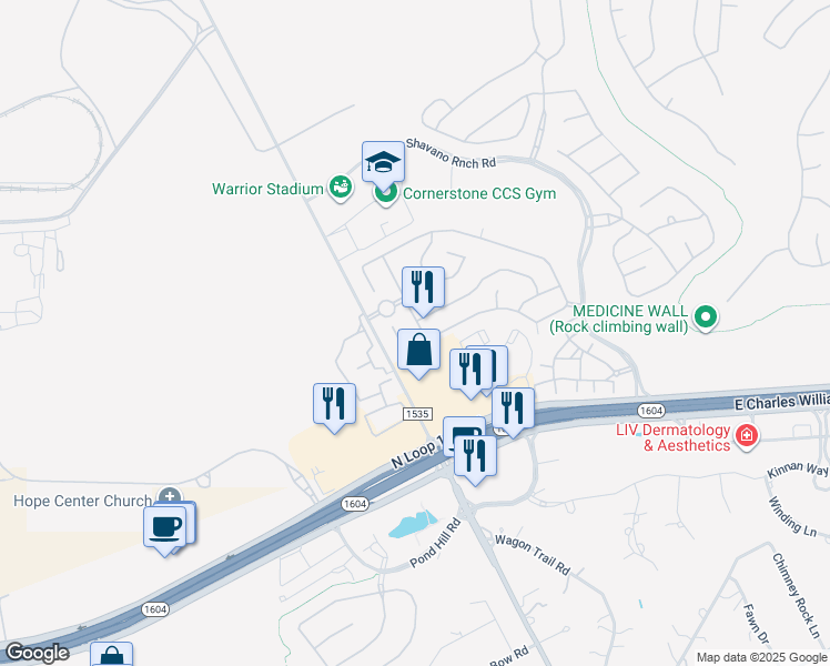 map of restaurants, bars, coffee shops, grocery stores, and more near 17823 Camino Grande in San Antonio