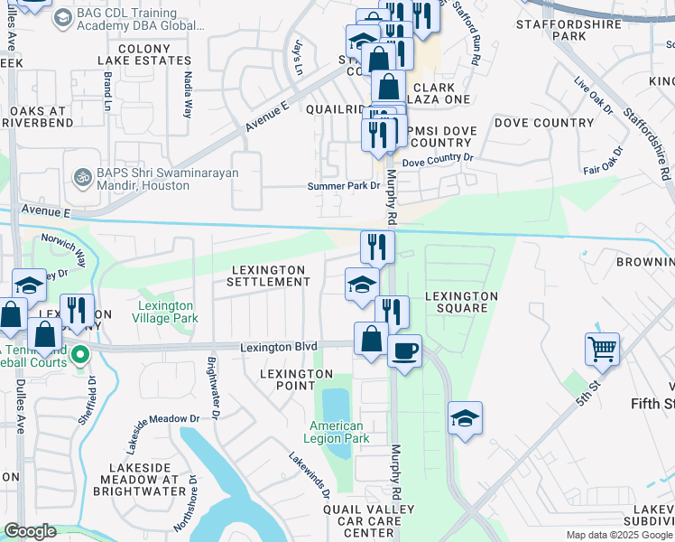 map of restaurants, bars, coffee shops, grocery stores, and more near 3930 Lexington Grove Court in Missouri City