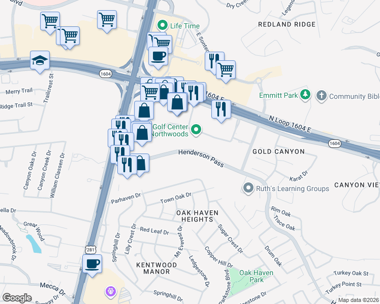 map of restaurants, bars, coffee shops, grocery stores, and more near 17301 Henderson Pass in San Antonio