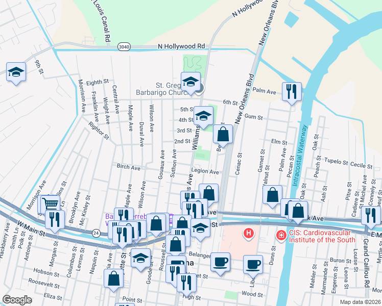 map of restaurants, bars, coffee shops, grocery stores, and more near 601-605 Williams Avenue in Houma