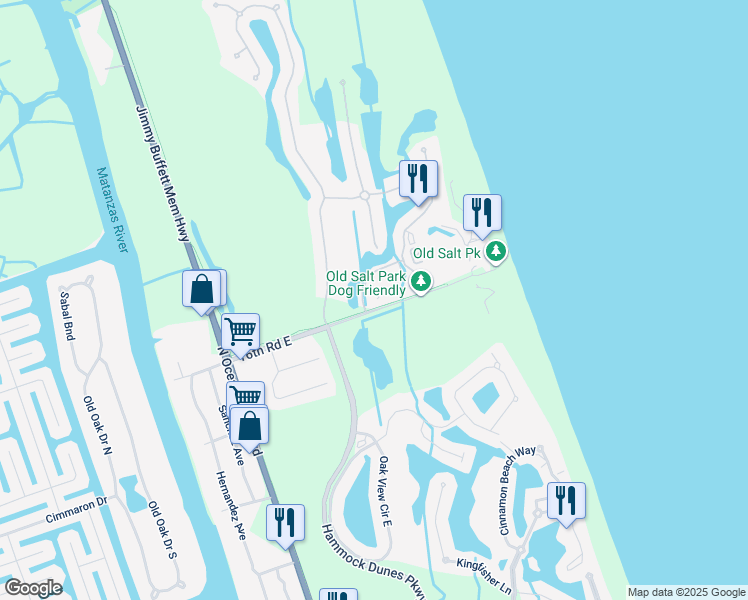 map of restaurants, bars, coffee shops, grocery stores, and more near 25 Ocean Crest Way in Palm Coast