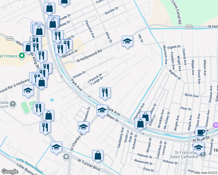 map of restaurants, bars, coffee shops, grocery stores, and more near 100-598 Carlos St in Houma