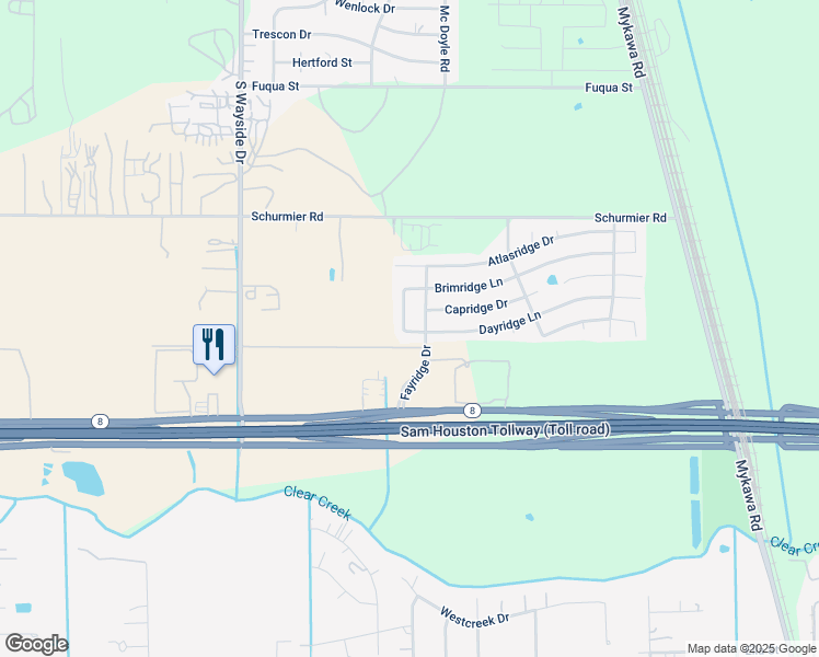 map of restaurants, bars, coffee shops, grocery stores, and more near 13938 Enridge Lane in Houston