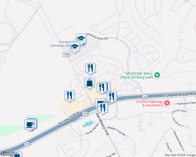 map of restaurants, bars, coffee shops, grocery stores, and more near 4223 Woodbridge Way in San Antonio