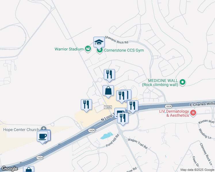 map of restaurants, bars, coffee shops, grocery stores, and more near 17823 Camino Grande in San Antonio
