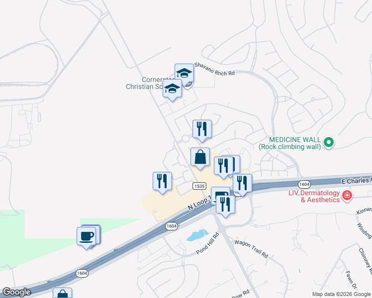 map of restaurants, bars, coffee shops, grocery stores, and more near 17743 Via Del Oro in San Antonio