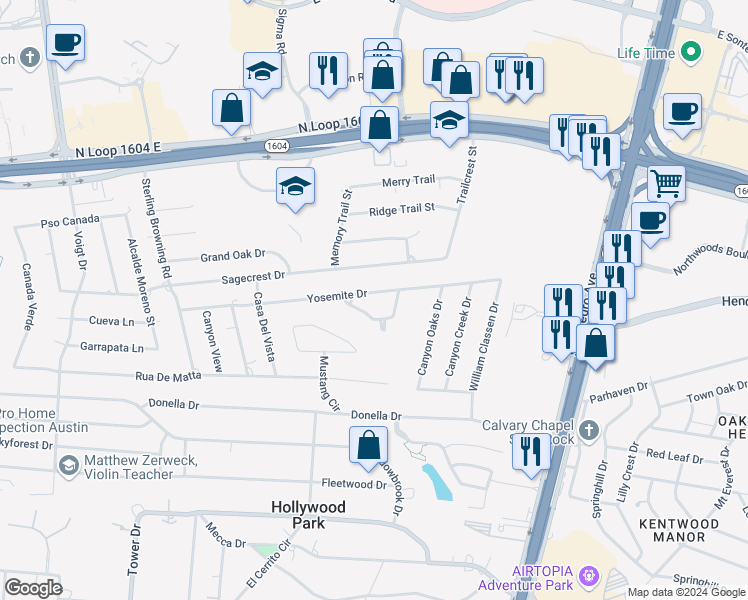 map of restaurants, bars, coffee shops, grocery stores, and more near 219 Yosemite Drive in San Antonio