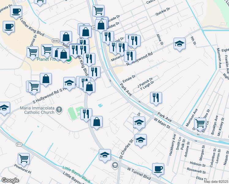 map of restaurants, bars, coffee shops, grocery stores, and more near 7072 West Main Street in Houma