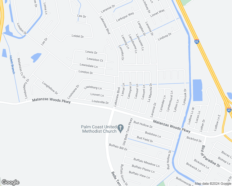 map of restaurants, bars, coffee shops, grocery stores, and more near 58 Louisville Drive in Palm Coast