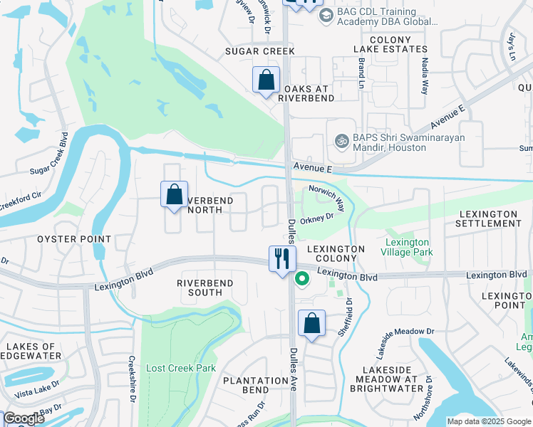 map of restaurants, bars, coffee shops, grocery stores, and more near 1627 South Yegua River Circle in Sugar Land