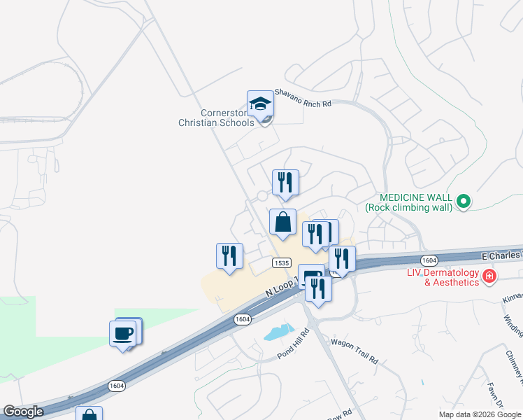 map of restaurants, bars, coffee shops, grocery stores, and more near 17743 Via Del Oro in San Antonio