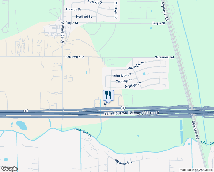 map of restaurants, bars, coffee shops, grocery stores, and more near 13938 Enridge Lane in Houston