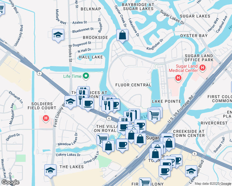 map of restaurants, bars, coffee shops, grocery stores, and more near 114 Fluor Daniel Drive in Sugar Land