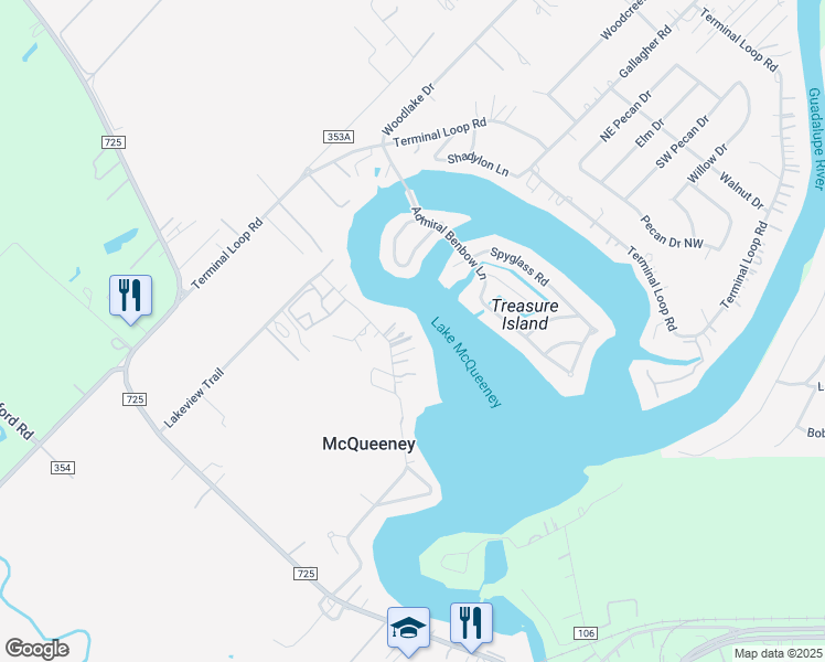 map of restaurants, bars, coffee shops, grocery stores, and more near 876 Lakeview Trail in McQueeney