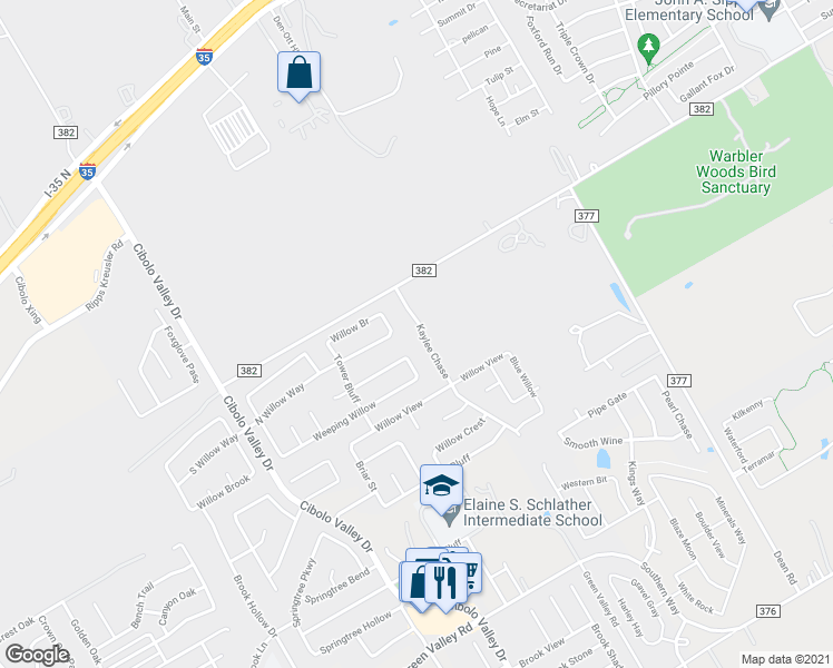 map of restaurants, bars, coffee shops, grocery stores, and more near 137 Kaylee Chase in Cibolo