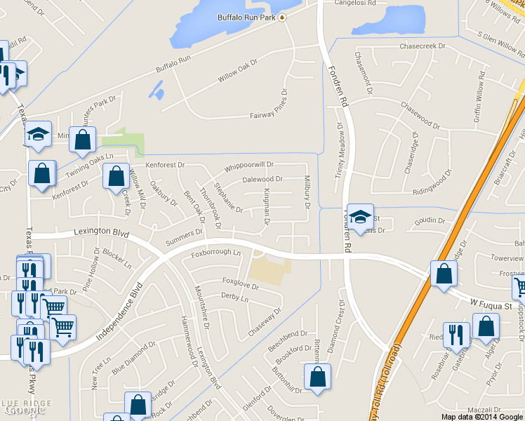 map of restaurants, bars, coffee shops, grocery stores, and more near 1802 Kingman Drive in Missouri City