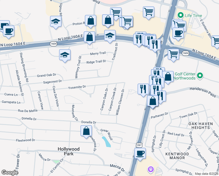 map of restaurants, bars, coffee shops, grocery stores, and more near 142 Canyon Oaks Drive in San Antonio