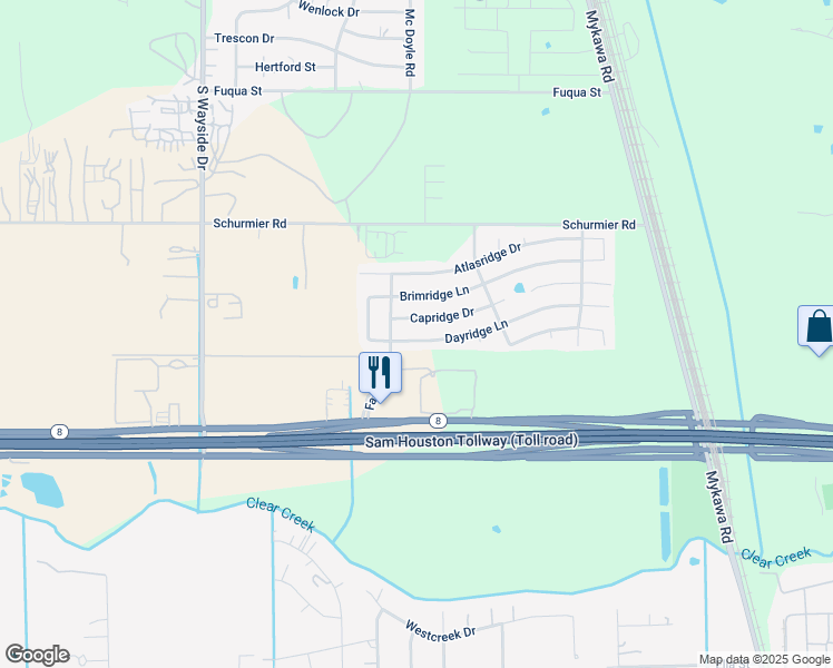 map of restaurants, bars, coffee shops, grocery stores, and more near 6451 Dayridge Lane in Houston