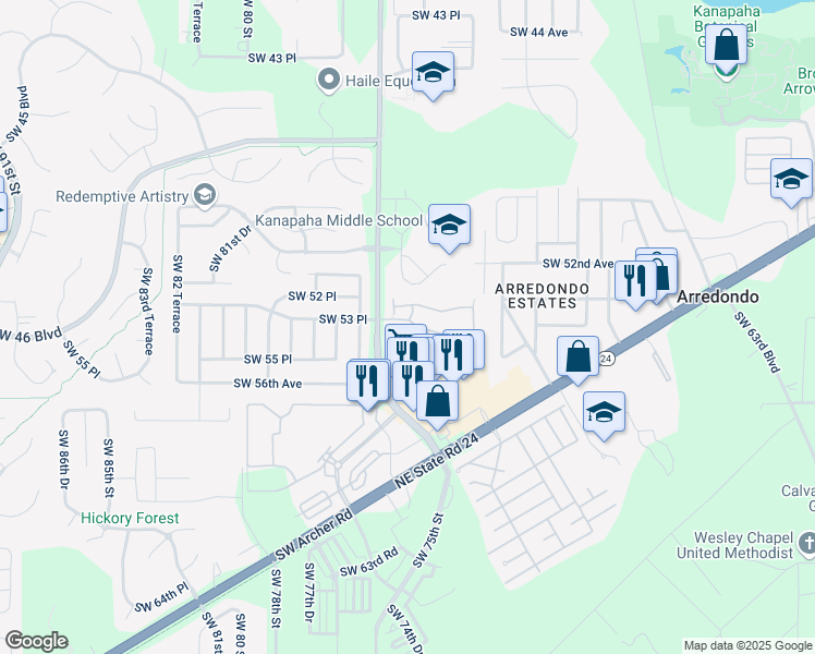map of restaurants, bars, coffee shops, grocery stores, and more near 5333 Southwest 75th Street in Gainesville