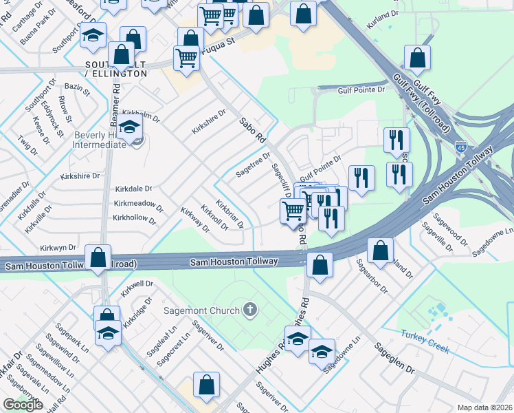 map of restaurants, bars, coffee shops, grocery stores, and more near 10507 Sagepine Lane in Houston