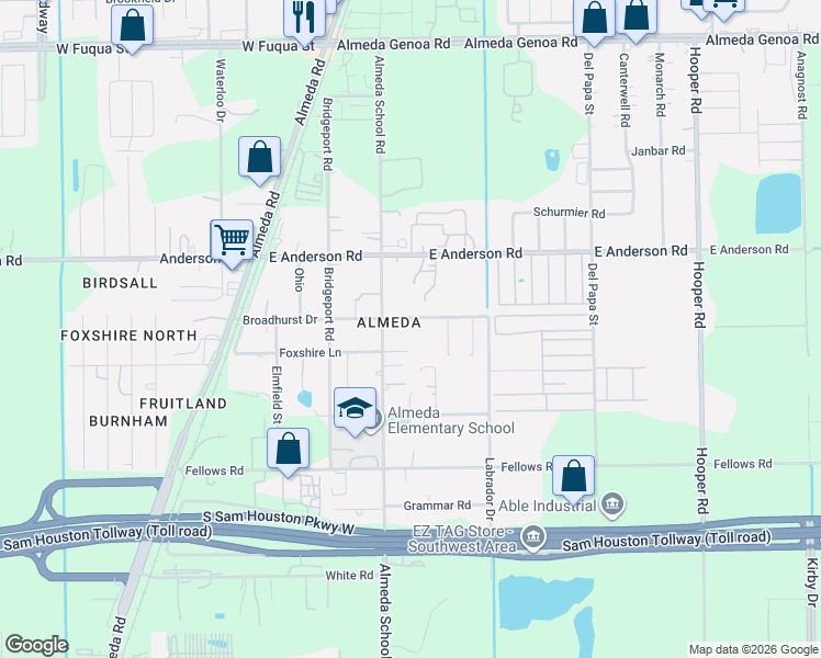 map of restaurants, bars, coffee shops, grocery stores, and more near 223 Broadhurst Drive in Houston