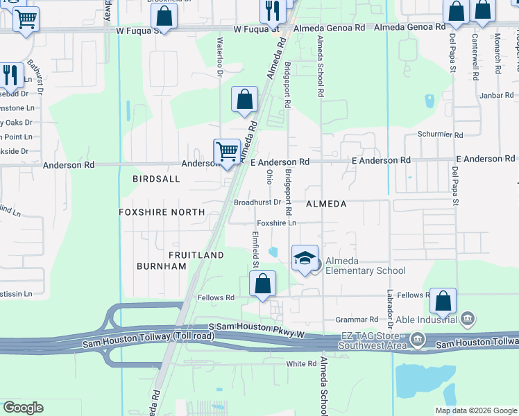 map of restaurants, bars, coffee shops, grocery stores, and more near 114 Broadhurst Drive in Houston