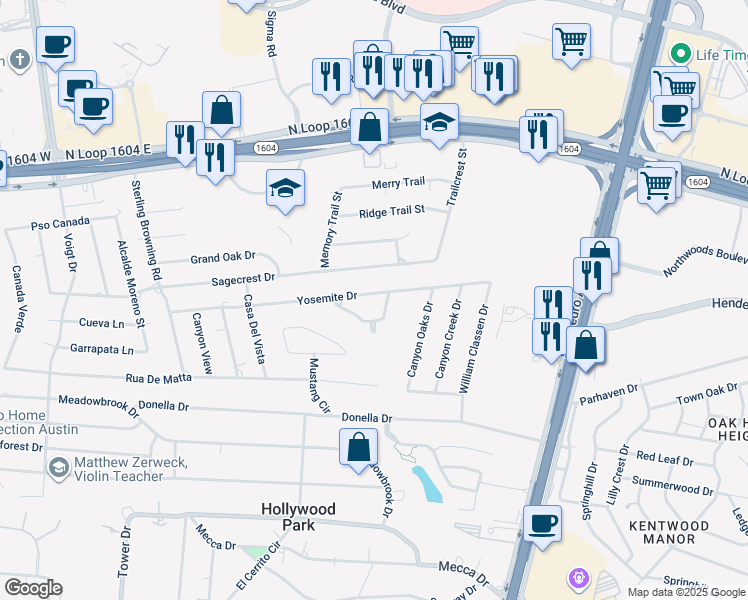 map of restaurants, bars, coffee shops, grocery stores, and more near 219 Yosemite Drive in San Antonio