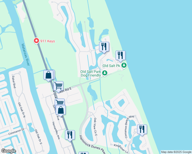 map of restaurants, bars, coffee shops, grocery stores, and more near 25 Ocean Crest Way in Palm Coast