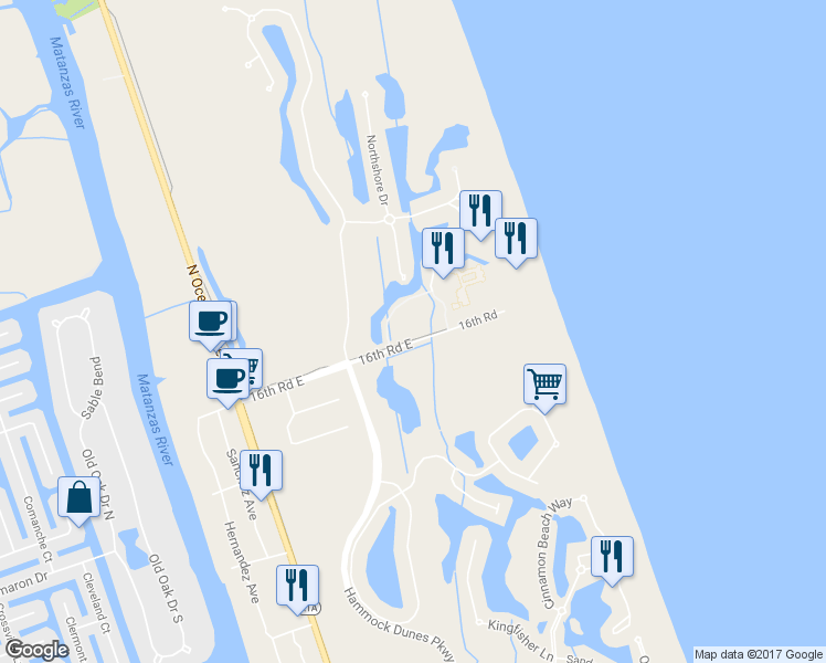 map of restaurants, bars, coffee shops, grocery stores, and more near 25 Ocean Crest Way in Palm Coast