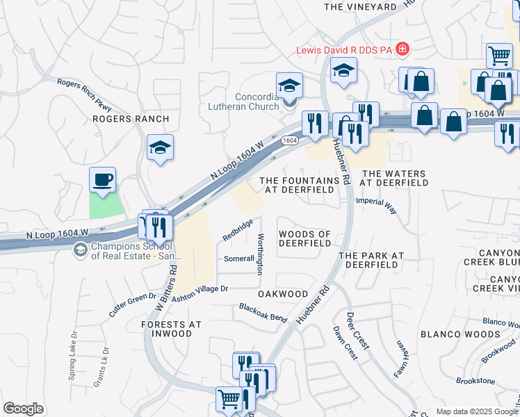 map of restaurants, bars, coffee shops, grocery stores, and more near 2503 Redbridge in San Antonio