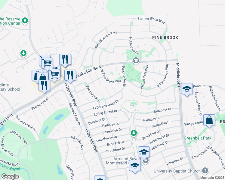 map of restaurants, bars, coffee shops, grocery stores, and more near 3814 Deer Grass Court in Houston