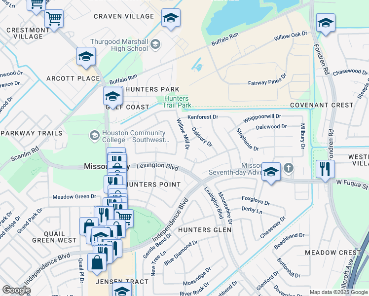 map of restaurants, bars, coffee shops, grocery stores, and more near 1714 Willow Mill Drive in Missouri City