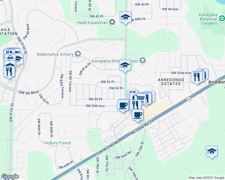 map of restaurants, bars, coffee shops, grocery stores, and more near 5325 Southwest 77 Terrace in Gainesville