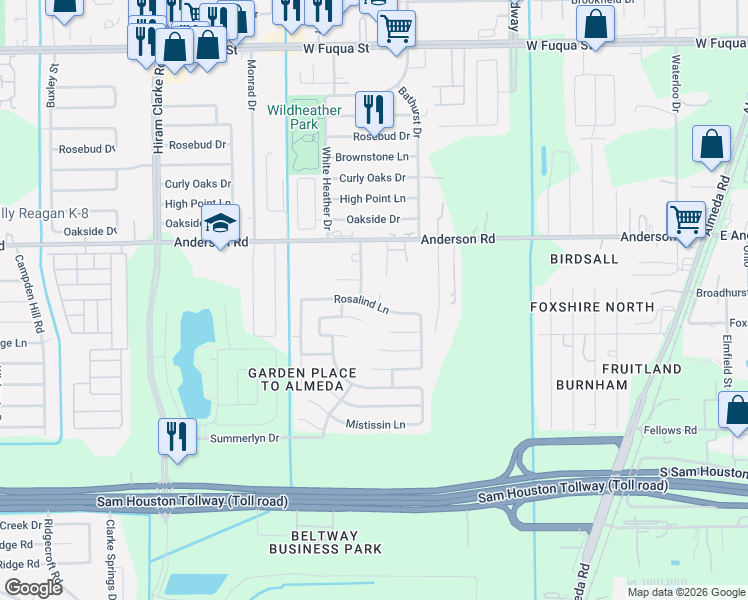 map of restaurants, bars, coffee shops, grocery stores, and more near 15307 Singing Bird Court in Houston