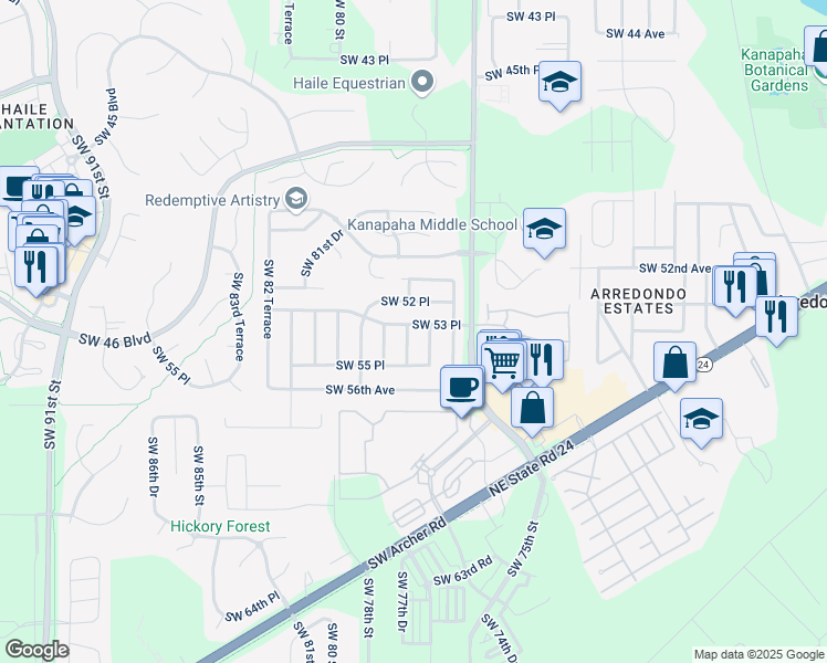 map of restaurants, bars, coffee shops, grocery stores, and more near 5325 Southwest 77th Terrace in Gainesville