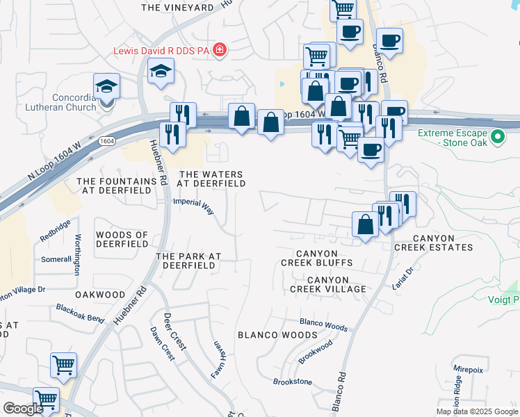 map of restaurants, bars, coffee shops, grocery stores, and more near 1479 Bluff Forest in San Antonio