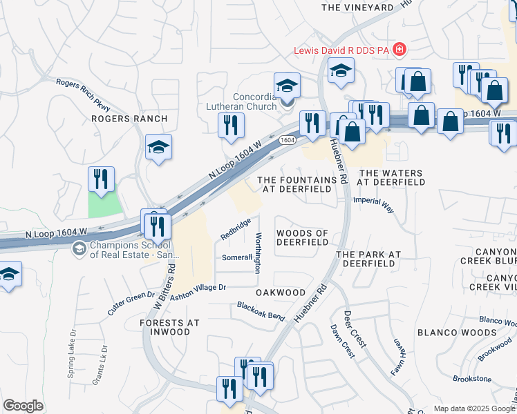 map of restaurants, bars, coffee shops, grocery stores, and more near 2503 Redbridge in San Antonio