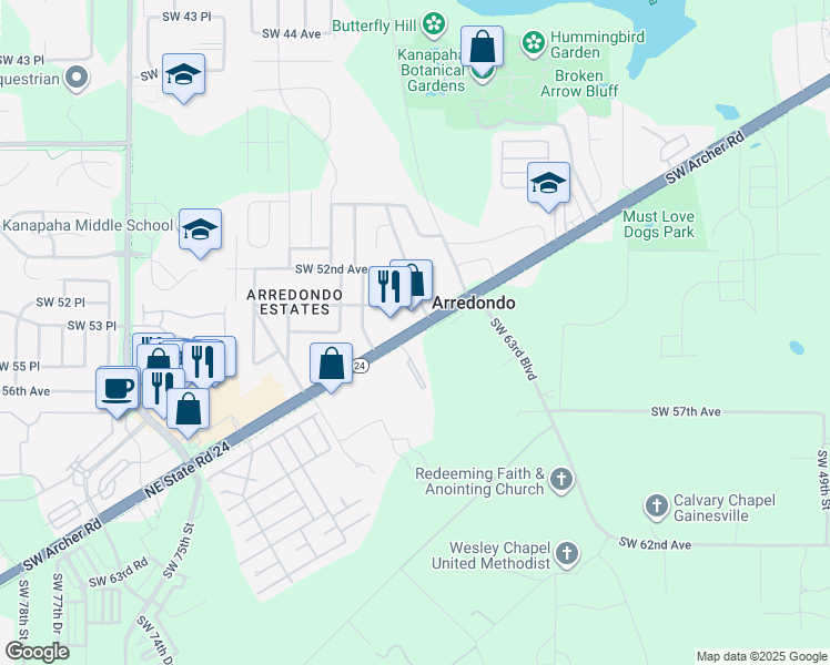 map of restaurants, bars, coffee shops, grocery stores, and more near Southwest Archer Road in Gainesville