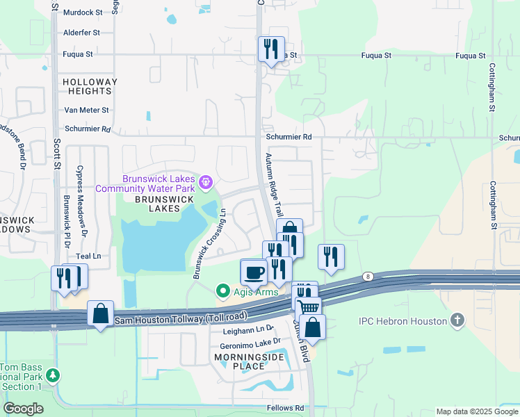 map of restaurants, bars, coffee shops, grocery stores, and more near 14111 Ballfour Park Lane in Houston