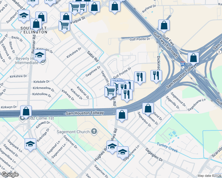 map of restaurants, bars, coffee shops, grocery stores, and more near 12031 Sagecliff Drive in Houston